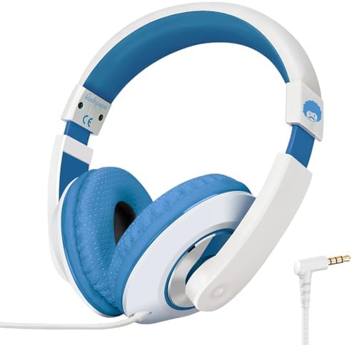 Rockpapa Kids Over-Ear Headphones – Lightweight Wired Audio Gear for School, Travel, and Home – Stylish White and Blue Design for Boys and Girls – Immersive Sound Quality with Adjustable Comfort and Durable Build for Young Audiophiles