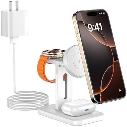 Ultimate 3 in 1 Fast Wireless Charging Station for Mag Safe Apple Devices – Sleek Aluminum Alloy Charger for i Phone 16/15/Pro/Pro Max/14/13/12, Apple Watch & Air Pods – Enhanced Speed, Magnetic Stand & Adapter Included – Modern Black Design for Effortless Power Management