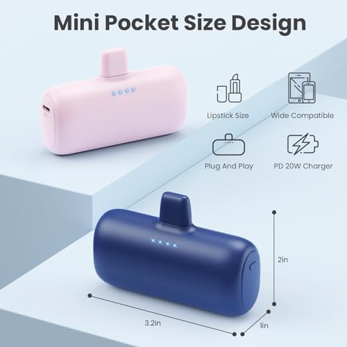 Ultra-Compact 2-Pack i Phone Power Bank – 5200 m Ah PD Fast Charging Mini Portable Charger for Travel – Cordless, Lightweight Battery Pack Compatible with i Phone 14/14 Pro/13/12/11/X/8/7/6 Plus – Essential Charging Solution for On-the-Go Lifestyles