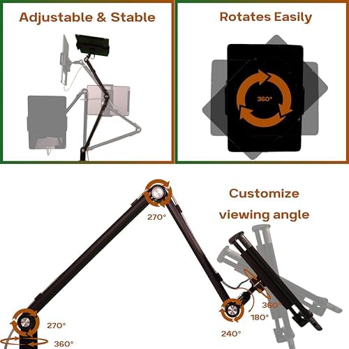 Aluminum Phone and Tablet Stand- Adjustable 360° Rotation, Cable Management, Stable Base, Black – Fits 16″ Portable Monitors, iPads, iPhones. Hands-Free Use for Desk, Office, or Home – Enhanced Compatibility and Speed