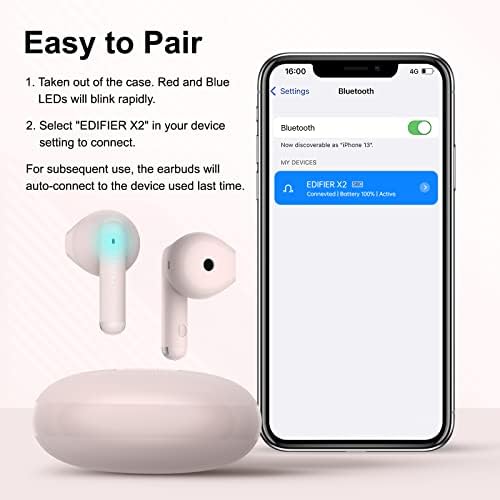Edifier X2 Wireless Earbuds – Premium Bluetooth Headphones with Microphone | Lightweight Hi-Fi Stereo Sound | IPX54 Waterproof Cordless In-Ear Design | 28-Hour Playtime with Charging Case | Enhanced Compatibility for Seamless Listening Experience | Ideal for Active Lifestyles