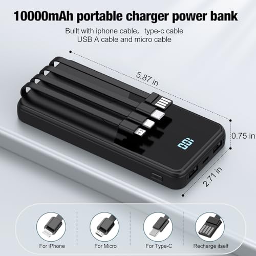 Ultimate Portable Charger with Built-in Cables – 10,000 m Ah High-Speed Power Bank for On-the-Go Charging – 5 Outputs & 3 Inputs – Sleek Purple Travel Battery Pack for i Phone, Samsung, i Pad, Tablets – Enhanced Durability & Convenience