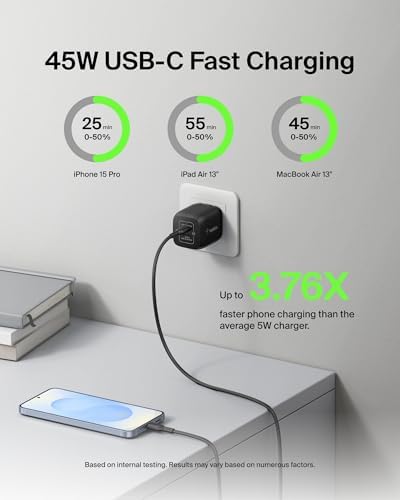 Belkin 45 W Dual USB-C Fast Charger Block with Ga N Technology – Rapid PD3.0 Charging for i Phone 16, Samsung Galaxy S25, i Pad, Mac Book & Nintendo Switch 2 – Compact Design for Travel & Enhanced Device Compatibility – Sleek White Finish for Modern Aesthetics