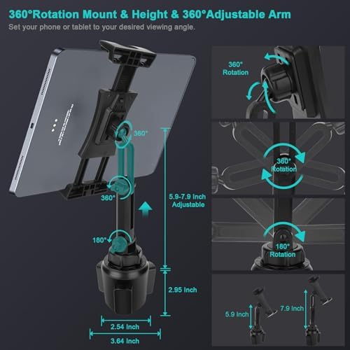 Universal Cup Holder Tablet Mount for Cars – 360° Rotating Adjustable Stand for i Pad Pro, Samsung Galaxy Tab, and Amazon Fire HD – Perfect Hands-Free Viewing for 4.7″ to 12.9″ Devices – Durable Long Arm Design for Ultimate Convenience on the Go