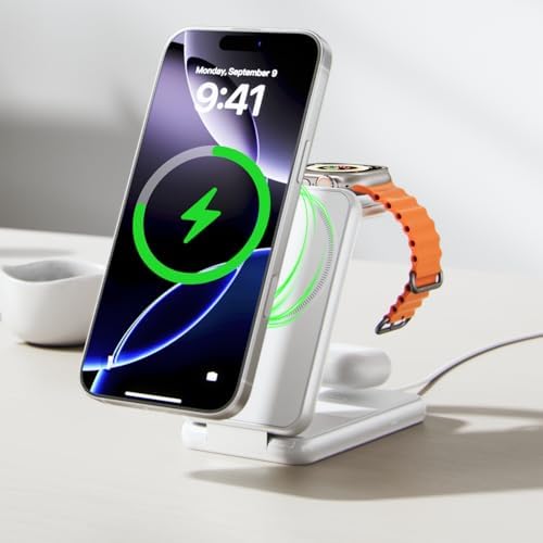 IVANKY 3-in-1 Foldable Wireless Charging Station for Apple Devices – Turbo-Charge Your i Phone 16/15/14/13/12/11, Apple Watch & Air Pods with Compact Travel Design – Fast 15 W Charging, Adjustable Stand & Safe Magnetic Lock Technology for On-the-Go Convenience