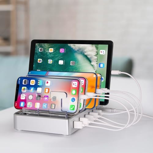 Multi-Device Charging Station with 6 USB Ports – Fast Charger Hub for i Phone, i Pad, and Tablets, Includes 6 Mixed Cables, Sleek Silver Design for Home and Travel Use – Universal Compatibility and Efficient Power Delivery