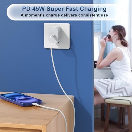 45 W Ultra-Fast USB-C Charger for i Phone 16 Pro Max & Samsung Galaxy S24 – Includes 6 FT & 10 FT Durable Charging Cables for Maximum Flexibility – Efficient Power Adapter for Home, Office, and Travel Use – Stay Charged On-the-Go