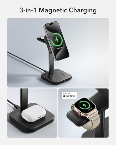 Ultimate ESR 2-in-1 Mag Safe Charging Station for Apple Devices – Fast Wireless Charger Stand for i Phone 16/15/14/13/12, Apple Watch, & Air Pods – Sleek Black Design for Dual Device Convenience and Enhanced Speed