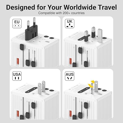 EZQuest 35 W Ga N 5-Port Universal Travel Charger – Compact International Adapter with 4 Plug Types (US/UK/EU/AU) for Global Use – 4 USB-C & 1 USB-A Ports with PD Fast Charging – Lightweight Black Design for Effortless Portability and Device Protection