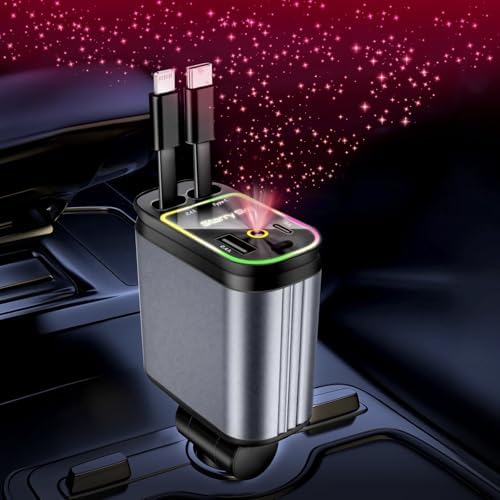 Revolutionary Retractable 4 in 1 Car Charger with Starlight Design – Fast Charging USB-A & USB-C Compatibility for i Phone 16/15/14/13/12/11/X, Galaxy, and Pixel Devices – Multi-Device Power Solution for Modern Drivers