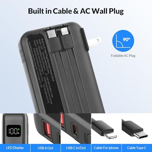 Ultimate 10,000 m Ah Portable Charger with Built-in Cables – 22.5 W Fast Charging Power Bank for i Phone 16/15/14/13, Samsung Galaxy S24/S23/S22, Google Pixel, and LG Devices – Travel-Friendly Battery Pack with AC Wall Plug for Effortless Recharging, Sleek Black Design for On-the-Go Convenience