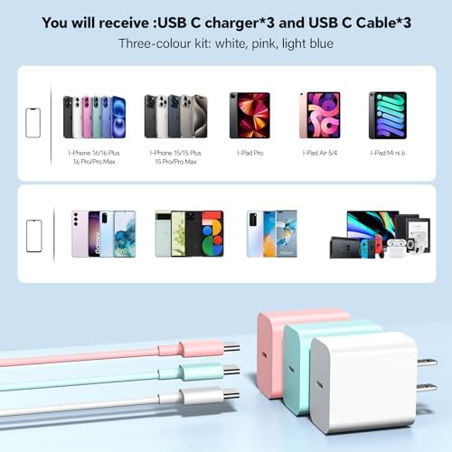 20 W Dual USB-C Fast Charger Block for i Phone 15/16 Series – Includes Two 10 FT USB-C Charging Cables, Perfect for Pro Max, Plus, Pro, i Pad Pro/Air – Compact, High-Speed Charging Solution (2 Pack, Black)
