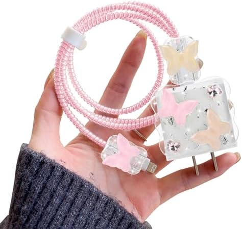 Bling Pink Butterfly Wave Cable Protector for i Phone Charger – Stylish USB Cover and Cord Saver for Lightning Cables, Durable Protection Against Damage, Lightweight and Easy to Clean Charging Accessory