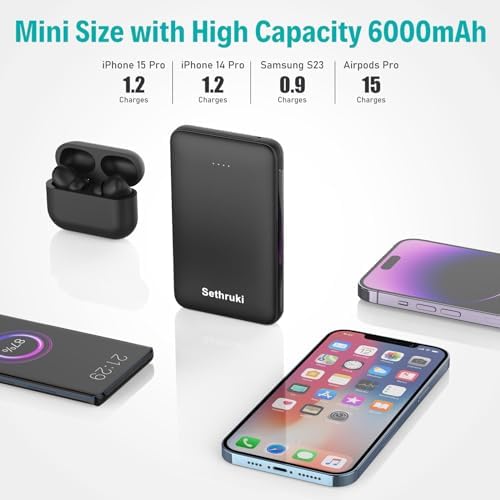 Ultra-Slim 20 W Fast Charging Power Bank with Built-in USB C Cable – 6000 m Ah Lightweight Portable Charger for i Phone 16, 15, Samsung & Android Devices – Essential Travel Battery Pack for On-the-Go Power Needs