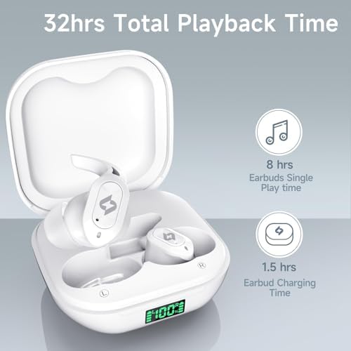 Unleash Your Sound with Advanced Waterproof Bluetooth Earbuds – 32-Hour Playtime & LED Battery Life Indicator – Superior Bass Performance for Gym, Daily Commute, and Leisure – Wireless Headphones Compatible with i Phone, Samsung, Android – Lightweight Construction with Integrated Microphone for Effortless Calls and Voice Commands – Tailored for Active Lifestyles & Music Lovers