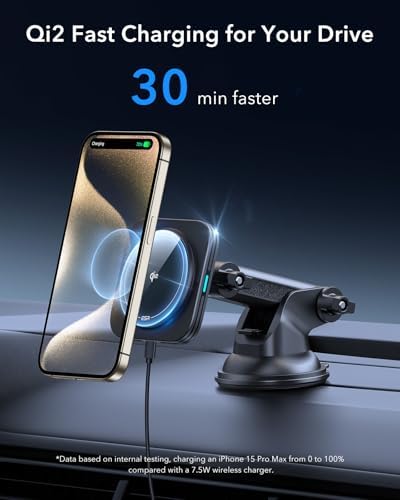 Revolutionize Your Drive with the ESR Qi2 15 W Mag Safe Car Mount Charger – Effortless Fast Wireless Charging for i Phone 12-16 & S25, Secure Magnetic Hold for Dashboard/Windshield, Stylish Black Design, Ultimate Convenience and Enhanced Compatibility