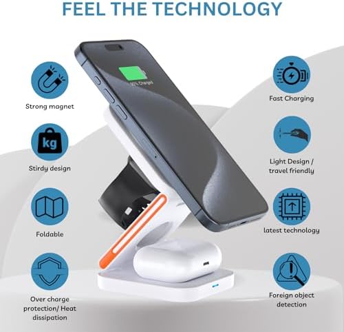 Revolutionize Your Charging Routine with the Foldable 3-in-1 Mag Safe Wireless Charging Station – 15 W Fast Charger for i Phone 12-15 Pro/Pro Max/Plus/Mini, Air Pods 2/3/Pro, and i Watch Ultra/8/7/SE/6/5/4/3/2 B – Includes 20 W PD Adapter for Superior Speed and Portability – Sleek Design for Home and Office Use