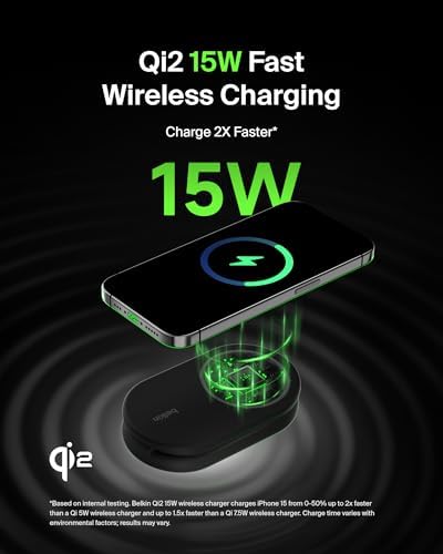 Revolutionize Your Charging Experience with the Belkin 2-in-1 Magnetic Foldable Charger – 15 W Qi2-Certified Wireless Power for Apple i Phone 16 & Samsung Galaxy S25 with Non-Slip Stability – Sleek White Design for Home, Office & Travel – PSU Included for Instant Use and Enhanced Device Compatibility