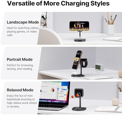 X85 Magnetic 3-in-1 Wireless Charger Stand – Versatile Charging Station for i Phone 16/15/14/13/12, Apple Watch S10/Ultra/9/8/7 & Air Pods 4/3/2/Pro – Adjustable Viewing Angles with Unique Basketball Court Design – Fast Charging Solution for Tech Enthusiasts