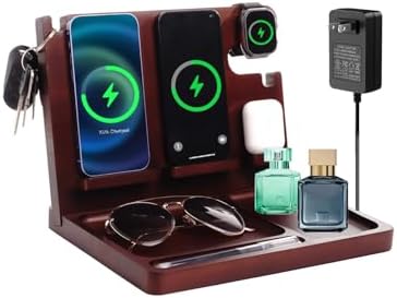Sleek Wooden Nightstand Organizer with 4-in-1 Wireless Charging Station for i Phone & Android, Fast 27 W Charger for Apple Watch and Air Pods, Stylish Wallet & Key Holder – Perfect Gift for Men and Tech Lovers