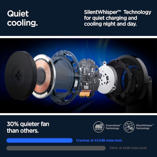 Experience next-level charging with the Spigen One Tap Pro 3 Cryomax (Mag Fit) Qi2 Wireless Charger, featuring a powerful 15 W output and advanced cooling technology. This sleek black Mag Safe compatible charging stand is tailored for i Phone models 12 through 16, ensuring effortless alignment and secure attachment. Engineered for efficiency, it boasts an integrated cooling fan to prevent overheating during rapid charge cycles, extending your device’s lifespan. The innovative sleep-friendly light provides a gentle glow for unobtrusive night charging, making it ideal for bedrooms or offices. Elevate your tech setup with this high-quality, durable accessory, designed for both style and functionality. Enjoy peace of mind with enhanced compatibility and rapid power delivery, all while maintaining optimal device temperature. Transform your charging routine with the Spigen One Tap Pro 3 Cryomax, where performance meets convenience.