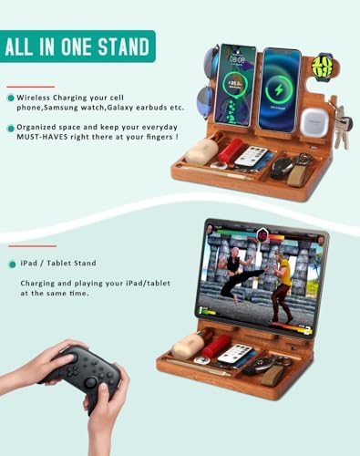 Premium Wood Desk Organizer with 4-in-1 Wireless Charging Station for Samsung Devices – 27 W Fast Charger for Dual Phones, Galaxy Watch Series, and TWS Accessories – Perfect Gift for Men and Dads Seeking Elegance and Efficiency