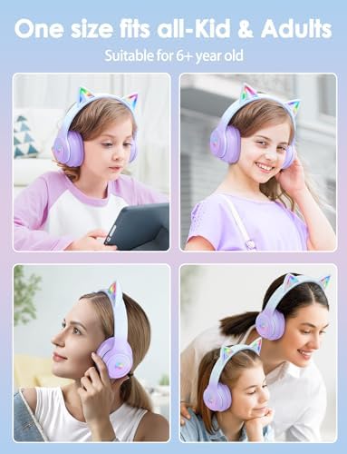 Whimsical Cat Ear Bluetooth Headphones for Kids & Adults – Immersive Hi-Fi Sound, 55-Hour Playtime, LED Light-Up Design, Built-In Microphone, and Universal Compatibility with i Phone, i Pad, Laptop & PC for Ultimate Fun and Comfort