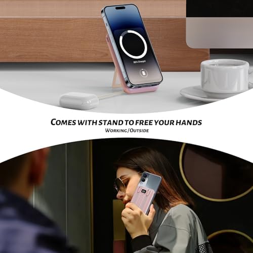 Ultra-Fast 10000 m Ah Portable Power Bank with Built-In Cables – Magnetic Wireless Charging for i Phone, Samsung, Android, Apple Watch & Air Pods – Sleek Gold Pink Design for Effortless On-the-Go Charging