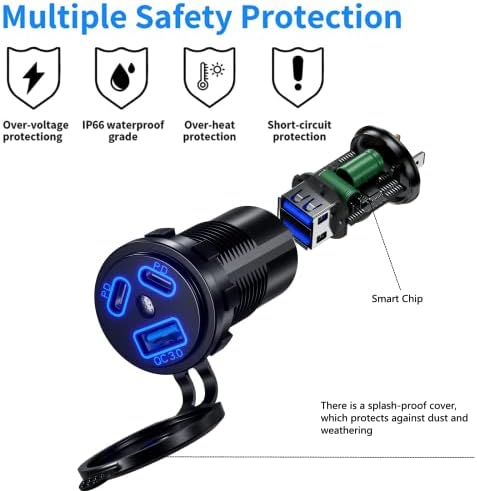 Kewig Dual PD3.0 & QC3.0 Multi-Port 12 V USB Car Charger – Fast Charging Solution for Tablets, Smartphones & More – Waterproof Wired Outlet with Power Switch, Ideal for RVs, Boats, ATVs & Marine Use – Enhanced Compatibility for Seamless Charging on the Go