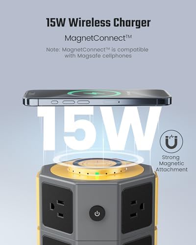 Elevate Your Charging Solutions with the SUPERDANNY Power Strip Tower – 15 W Wireless Charger and 1050 J Surge Protector with 12 AC Outlets, 6 USB Ports (Including 2 USB-C) and 6.5 ft Extension Cord – Ideal for Home Office Organization and Efficient Device Management with Elegant Wood Grain Finish