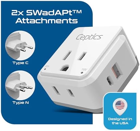 Compact Travel Power Adapter Set for Brazil, Peru & Chile – 20 W Dual USB & USB-C Charger with 2 USA Sockets – Fast Charging with Type C & N Attachments – Portable Plug Converter for Global Travelers – Stay Connected Anywhere