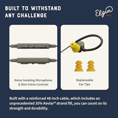 Elgin Rumble Industrial Earplug Headphones – OSHA Compliant Noise-Isolating In-Ear Earbuds with 27 d B NRR, Waterproof IP67 Rating, Integrated Mic for Hands-Free Calls, 3.5 mm Jack for Universal Device Compatibility – Premium Hearing Protection for Noisy Work Environments