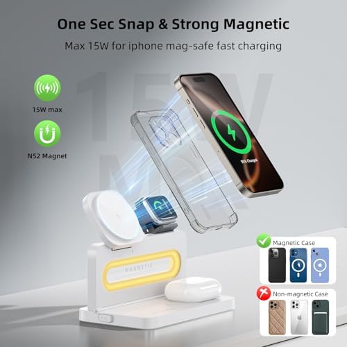 Revolutionize Your Charging Experience with the 3 in 1 Foldable Wireless Charging Station for Apple Devices – Mag Safe-Compatible Dock for i Phone 12-16, Apple Watch, and Air Pods with Built-in Night Light for Effortless Convenience and Speed