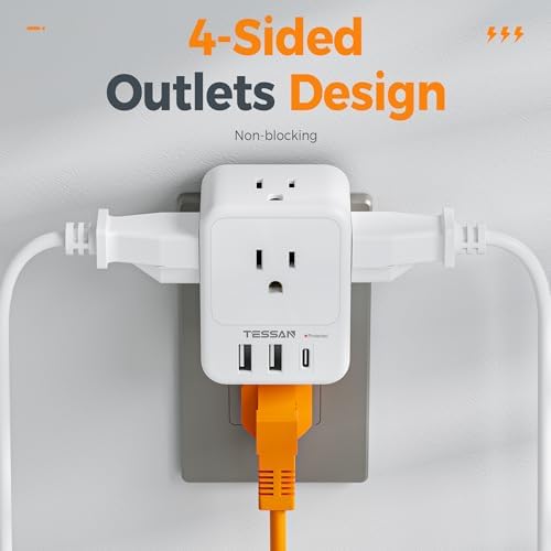 TESSAN Surge Protector Wall Outlet Extender with 3 AC Ports & 3 USB Charging Blocks (Including USB-C) – Multi Plug Wall Charger for Enhanced Device Connectivity in Home, Office, Dorm & School – Fast Charging & Compact Design for Ultimate Convenience
