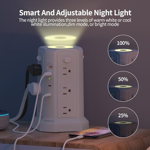 PASSUS 16 FT Long Surge Protector Power Strip with USB-C Fast Charging & Built-in Night Light – Versatile Charging Station for Home & Office with 4 USB Ports, Compact Tower Design, and Enhanced Surge Protection
