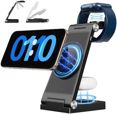 2025 Portable 3-in-1 Mag-Safe Fast Charging Station for i Phone, Apple Watch & Air Pods – Ultimate Travel Charger with Magnetic Design, Integrated Light, and Enhanced Compatibility for Modern Users – Ideal Gift for Tech Lovers