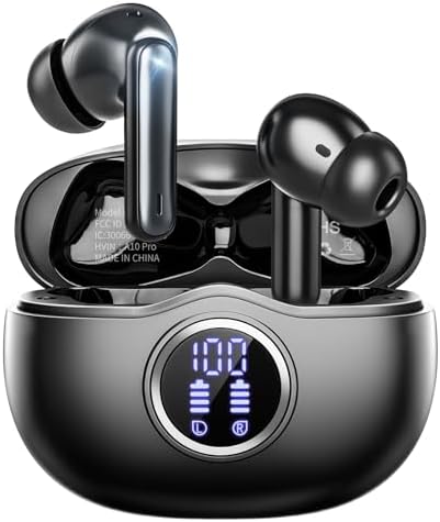 A10 Pro Wireless Earbuds – Advanced Bluetooth 5.3 Hi-Fi Stereo Headphones with 50 Hours Playtime, ENC Noise Cancellation for Superior Clarity, IPX7 Waterproof for Active Users, LED Battery Monitor – Ideal for Gym, Running, and Everyday Connectivity – Sleek Black Design