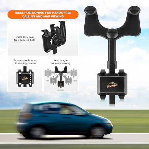 Armor All Phone Mount for Car, Rear View Mirror Phone Holder, 360° Rotatable, Adjustable Telescopic Arm, Car Phone Holder for iPhone, Samsung, & All Cell Phones Between 2.5” in – 3.7” in. Wide – Enhanced Compatibility and Speed