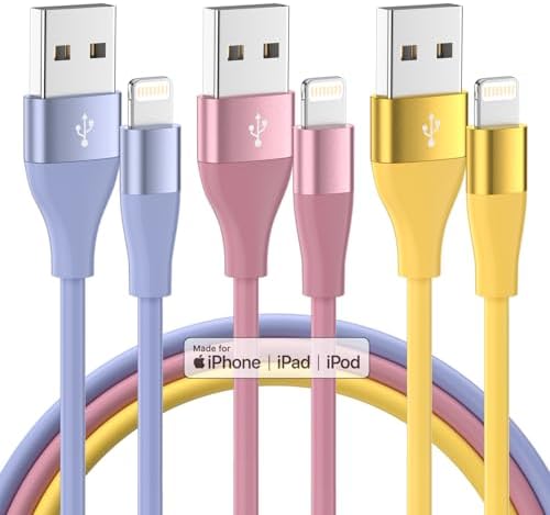 Premium 10 FT MFi Certified i Phone Charger 3-Pack – Fast Charging Lightning Cables for i Phone 14, 13, 12, 11 Pro Max, XR, XS, X, 8, 7, 6 Plus & SE – Colorful, Durable Design for Enhanced Compatibility and Convenience – Perfect for Home, Office, and Travel