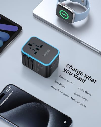 VINTAR Universal Travel Adapter: All-in-One Power Converter with 6 A Output, 3 USB-C and 2 USB Ports for Fast Global Charging Across Europe, UK, USA, and Australia – Essential Travel Accessory for Effortless Device Connectivity and Safety Features
