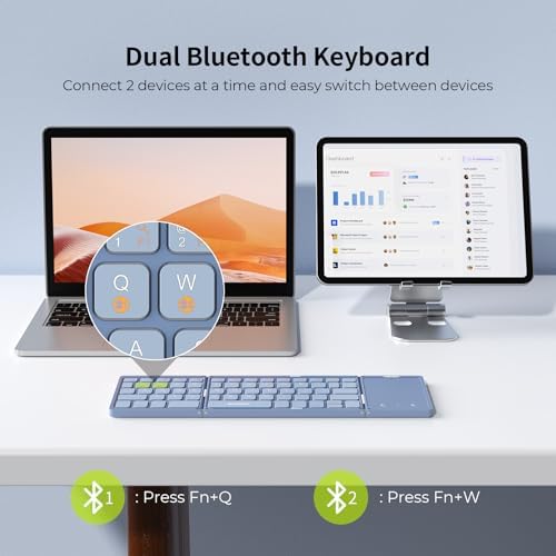 Portable Tri-Fold Bluetooth Keyboard with Touchpad – Rechargeable Multi-Device Wireless Companion for Laptops, i Pads, and Smartphones – Perfect Travel Accessory for Windows, i OS & Android Users – Enhance Your On-the-Go Productivity