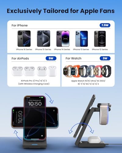CIYOYO 3-in-1 Fast Wireless Charging Dock – Streamlined Power Hub for i Phone 16/15/14/13/12/SE, Apple Watch Series 9/8/7/6/SE/5/4, and Air Pods Pro/3/2 – Maximize Charging Efficiency with Innovative Safety Features and Sleek Aesthetic Design for Modern Living