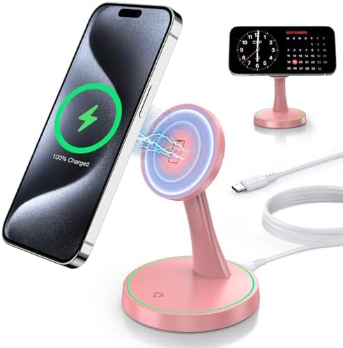 Efficient Magnetic Wireless Charging Stand – 15 W Fast Mag Safe Charger for i Phone 16 Series & Earlier, Sleep-Friendly Indicator Light, Sleek Design, Enhanced Compatibility & Quick Charge for Air Pods – Ultimate Cordless Convenience