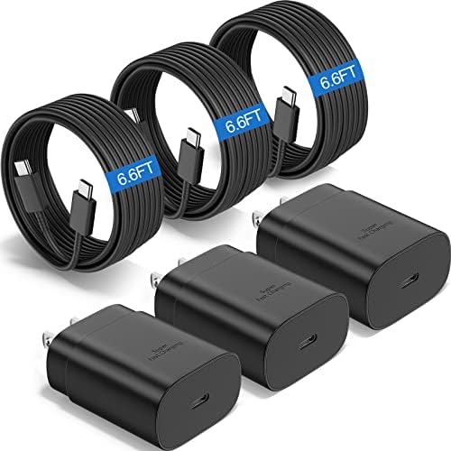 Ultra-Fast 25 W Type C Charger Block with 6.6 FT USB C Cable – Samsung Super Fast Charging Solution for Galaxy S25 Ultra/S25/S24 Ultra/S24/S23 Ultra/S22 Ultra/S22+ – 3-Pack for Home, Office & Travel – Enhanced Compatibility for All USB-C Devices