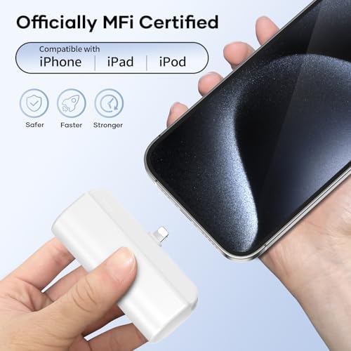 Ultra-Compact 5000 m Ah Portable Charger for i Phone 14/13/12/11/XR/XS/X/8/7/6 – MFi Certified Fast Charging Power Bank with 20 W PD Technology – Mini White Battery Pack for Ultimate Mobility and Style