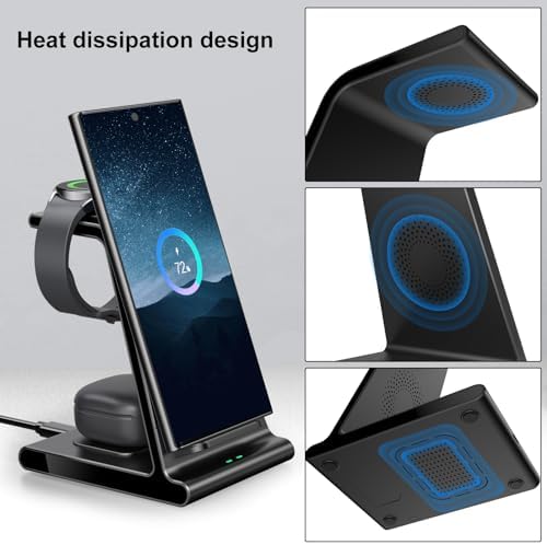 Ultra-Fast 3-in-1 Wireless Charging Dock for Samsung Galaxy Devices – Sleek Space-Saving Charger for Galaxy S25 Ultra, S24, S23, Note 20, Z Flip 6 & Fold 6 – Efficient Power Station for Galaxy Watch Ultra/7/6/5 & Galaxy Buds Pro with Overheat Protection and Modern Design for Home or Office