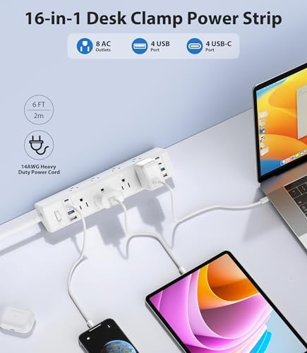 40 W Rapid Charge Desk Clamp Power Strip with 8 AC Outlets & 8 USB Ports – Versatile Surge Protector for Home & Office, Featuring 4 USB-C and 4 USB-A Ports, Secure Edge Mount Design for Tables up to 1.9 Inches, 14 AWG Heavy-Duty Cord for Optimal Performance and Safety