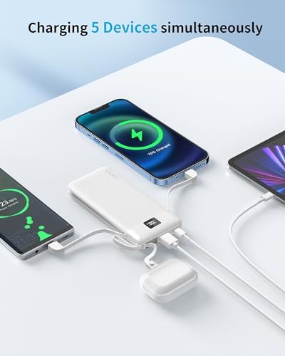 Revolutionize Your Charging Experience with ANOUV 10,000 m Ah Portable Power Bank – Built-in Cables & AC Plug for Fast, On-the-Go USB-C Charging, Compatible with i Phones and All Smart Devices – LED Display for Real-Time Battery Monitoring – The Ultimate Travel Essential for Efficiency and Convenience