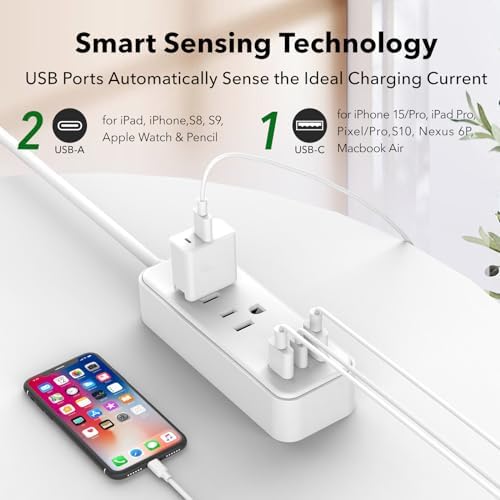 Elevate Your Charging Game with the Clear Power 2-Outlet Power Strip – 6 ft Flat Plug Power Station Featuring 3 USB Ports (1 USB-C) for Rapid Device Charging, Ideal for Home, Office & Travel, Durable & Compact Design, White, Model DC3 S-1102-DC