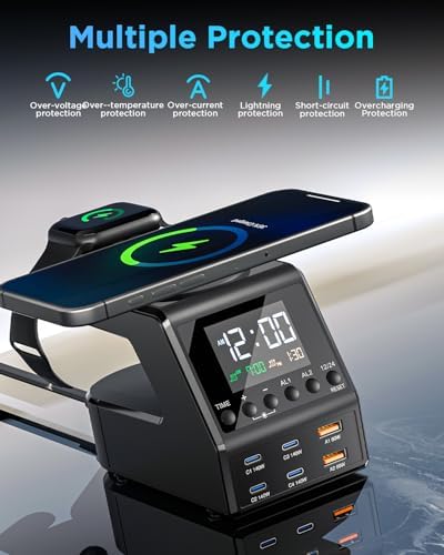 240 W Multi-Device Charging Station: 8-Port USB-C & Wireless Charger for i Phone, Mac Book, Android, i Pad – Fast, Safe Power Hub with Time Display & Smart Protection Features for Home & Office Organization